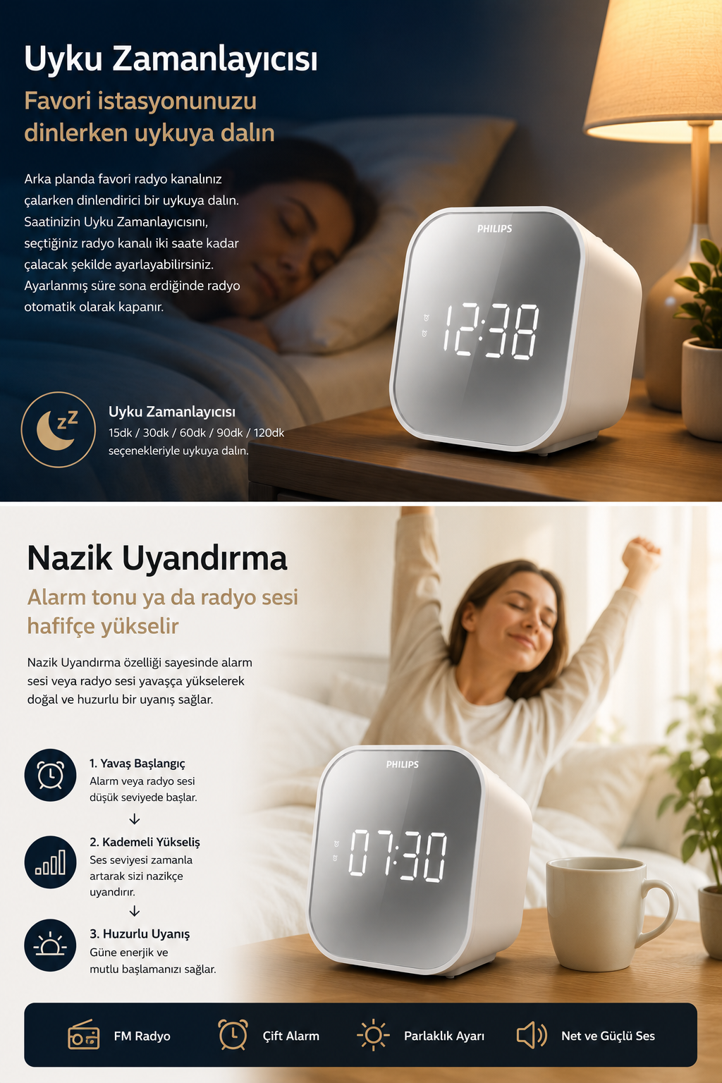 Komodidin üzerinde uyku ve uyanma özellikli Philips radyo saat, uyuyan ve uyanan kişilerle birlikte.