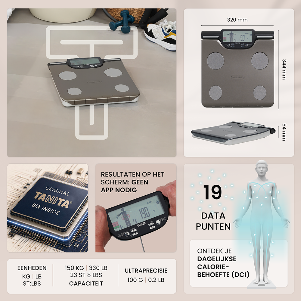 Dettagli tecnici e dimensioni di una bilancia pesapersone Tanita grigia con display LCD.