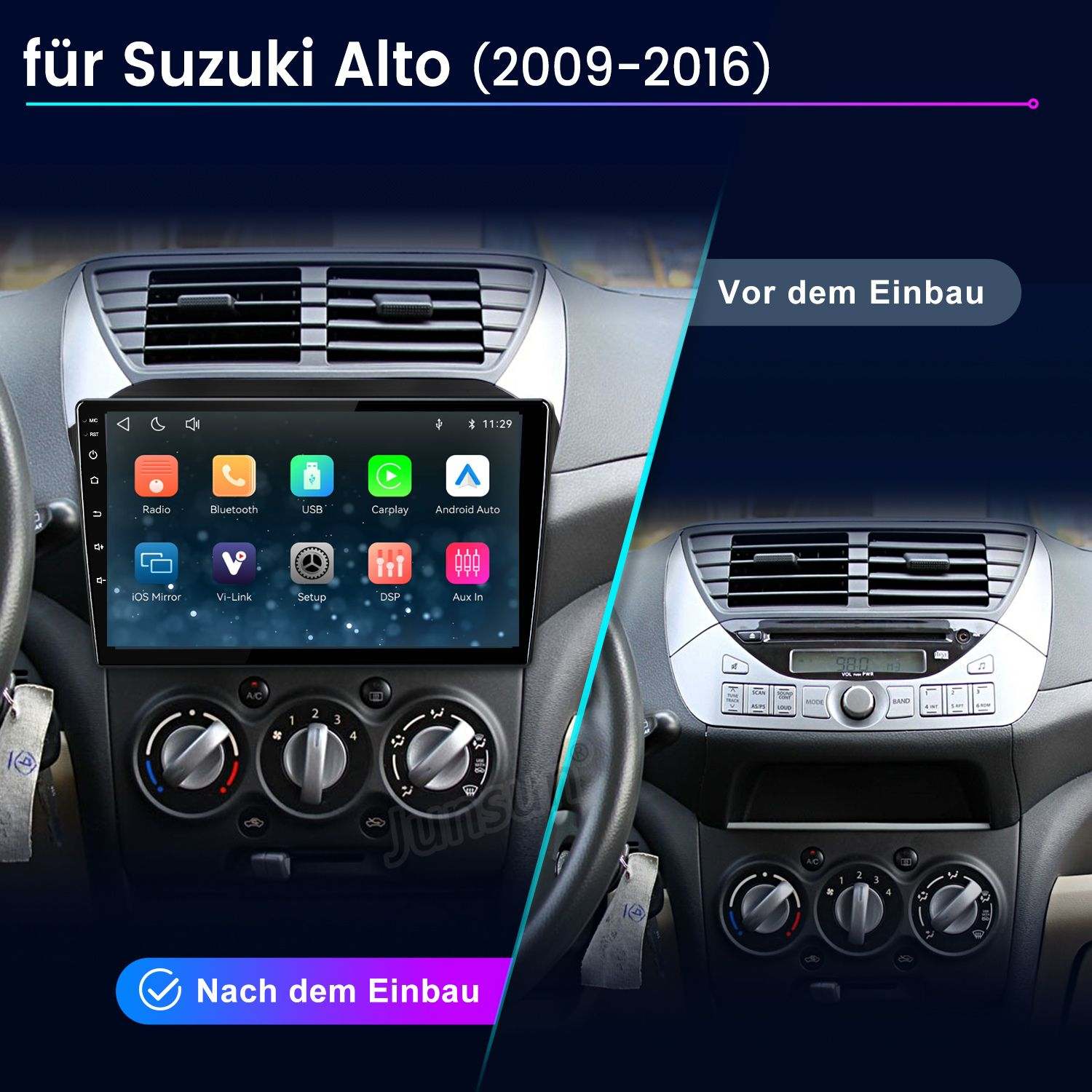 Vergleich der Suzuki Alto Mittelkonsole vor und nach dem Einbau eines Touchscreen-Autoradios.