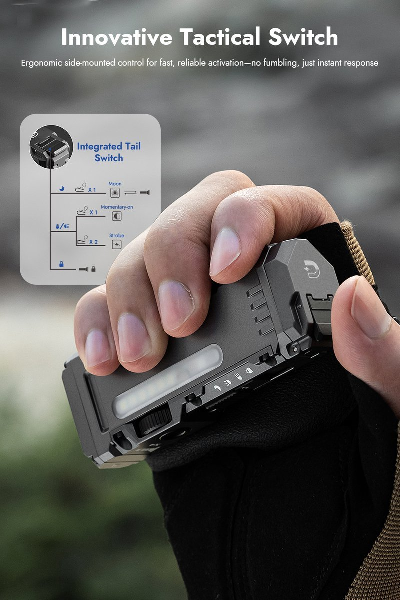 Eine behandschuhte Hand hält eine kompakte schwarze EDC-Taschenlampe mit taktischen Bedienelementen und Diagramm.