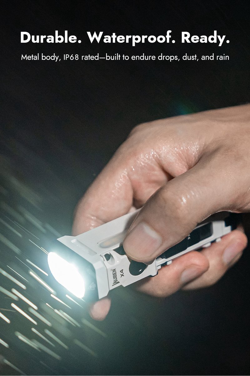 Eine Hand hält eine weiße, leuchtende Taschenlampe im Regen mit Text im Hintergrund.