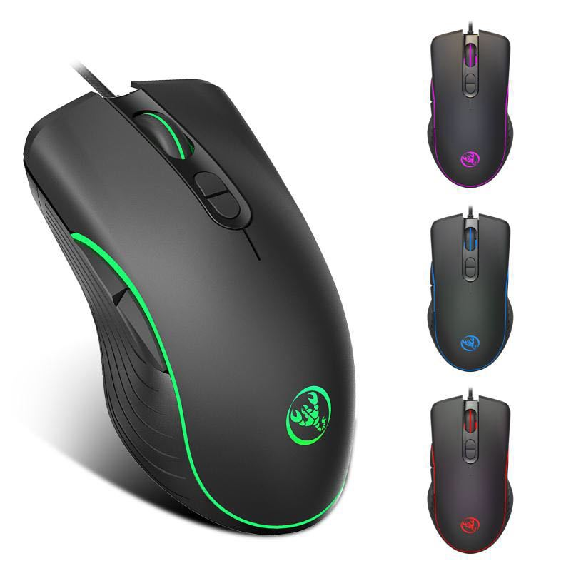 Schwarze Gaming-Maus mit grüner LED-Beleuchtung und Skorpion-Logo, rechts drei Mäuse mit anderer Beleuchtung.