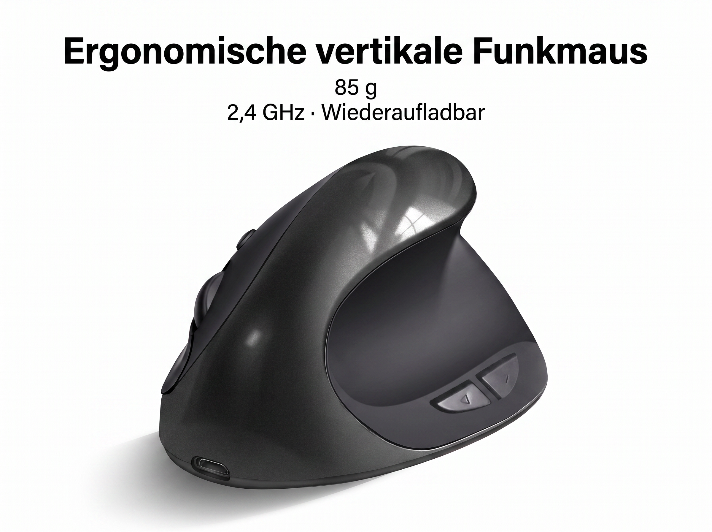 Ergonomische vertikale Funkmaus, 85 g, 2,4 GHz, wiederaufladbar, mit grauer Oberfläche und Daumentasten.