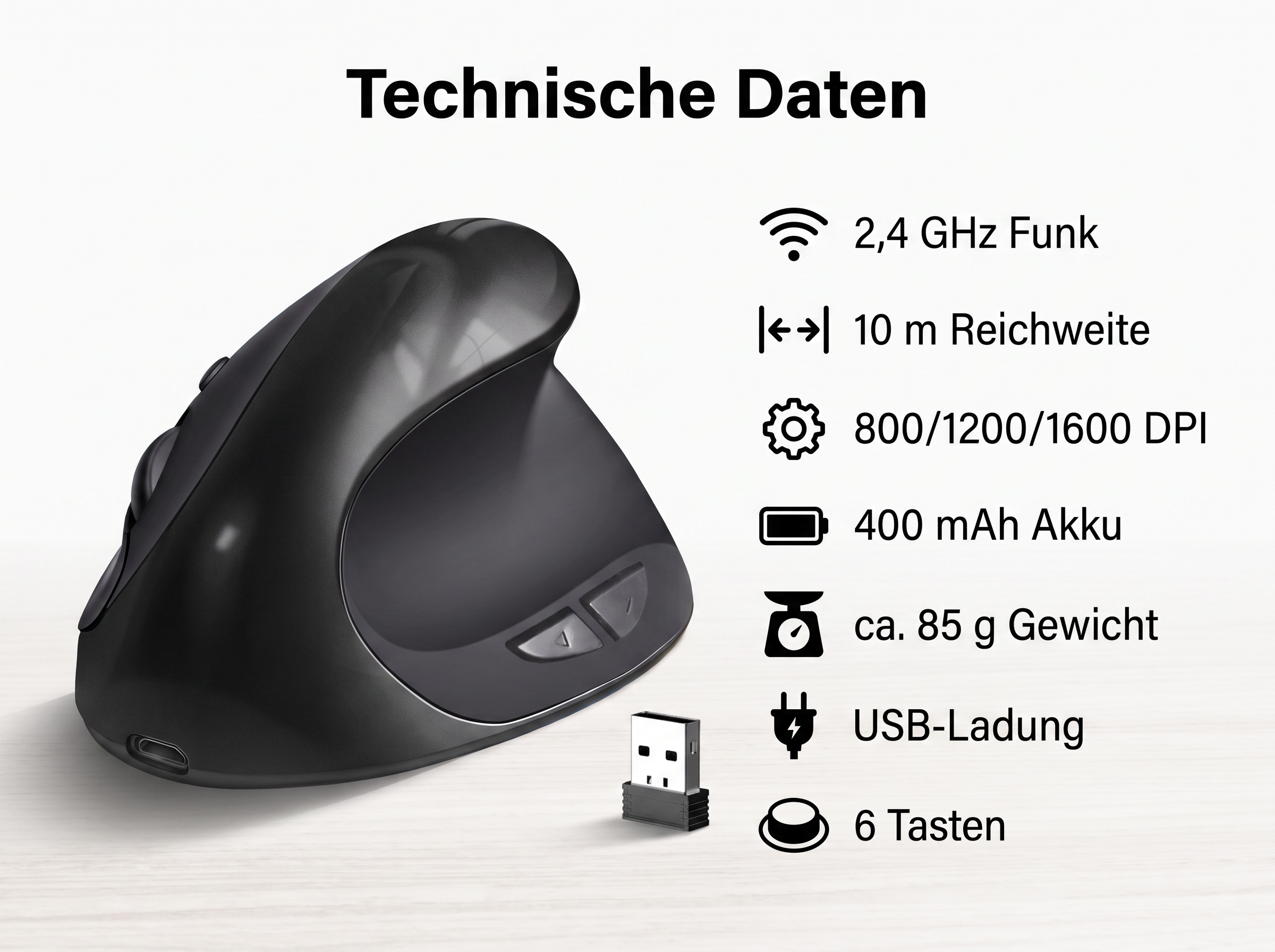 Technische Daten einer ergonomischen schwarzen Computermaus mit USB-Empfänger und verschiedenen Icons.