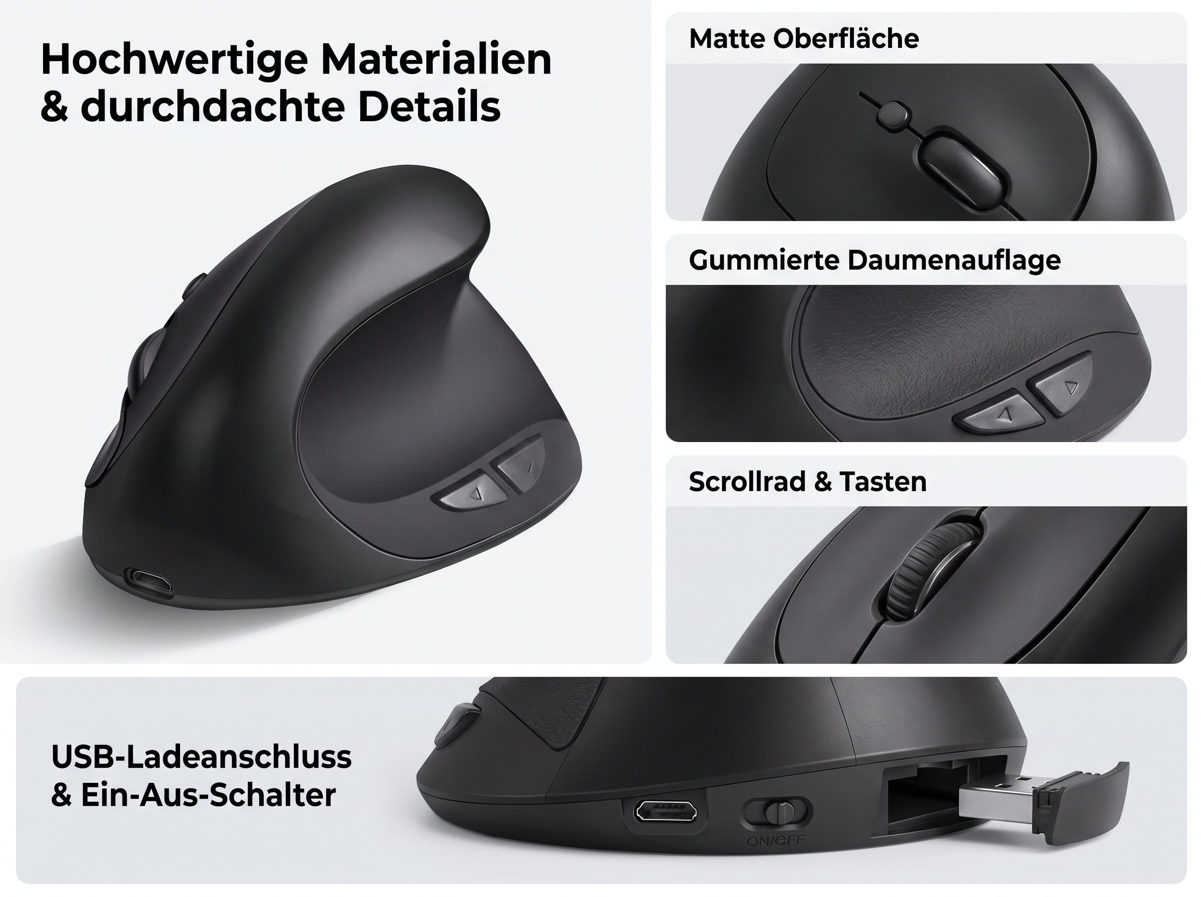 Eine schwarze ergonomische Maus zeigt matte Oberfläche, Daumenauflage, Scrollrad und USB-Ladeanschluss mit Schalter.
