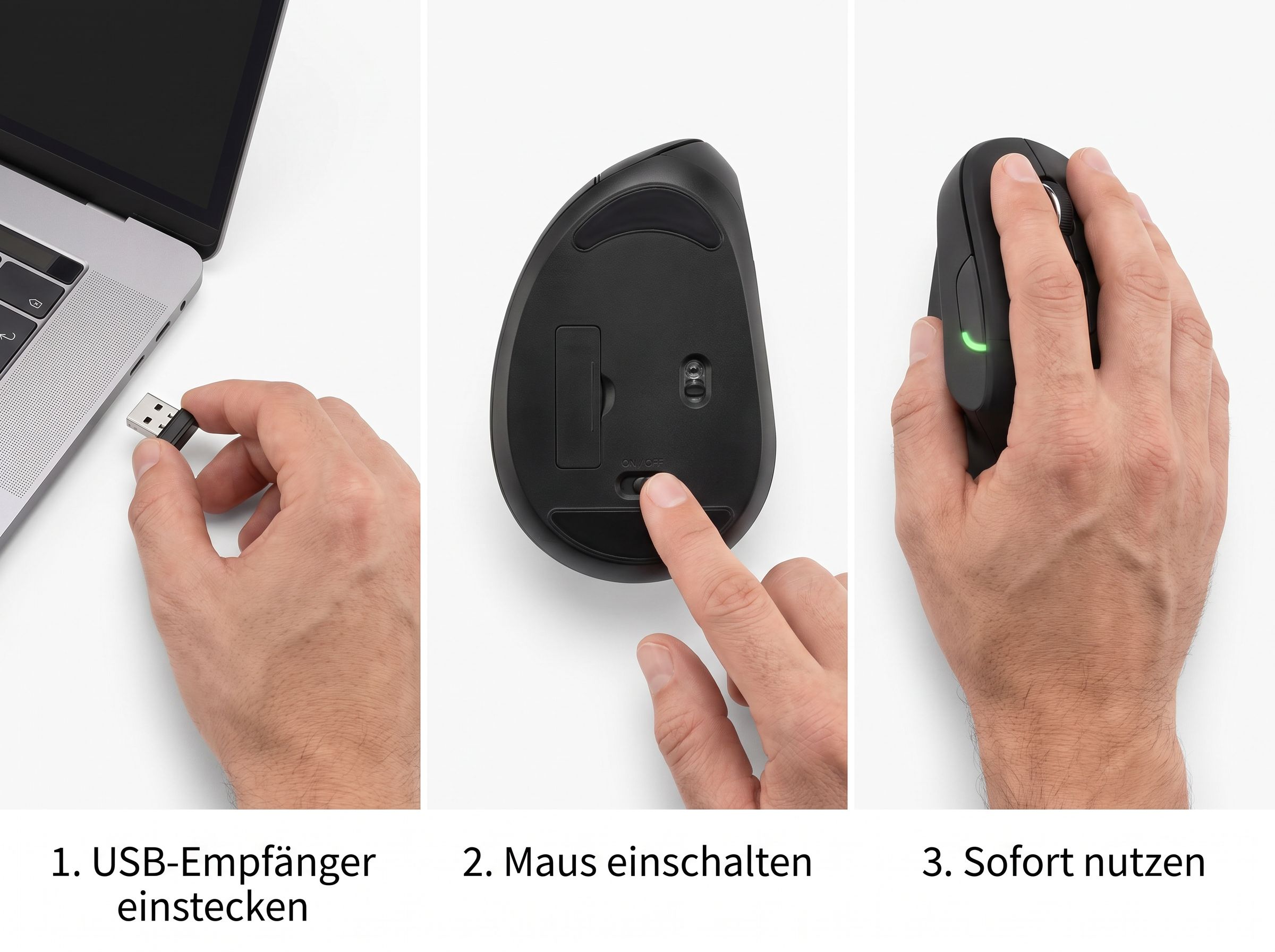 Drei Schritte zur Mausinstallation: USB-Empfänger einstecken, Maus einschalten und sofort nutzen.