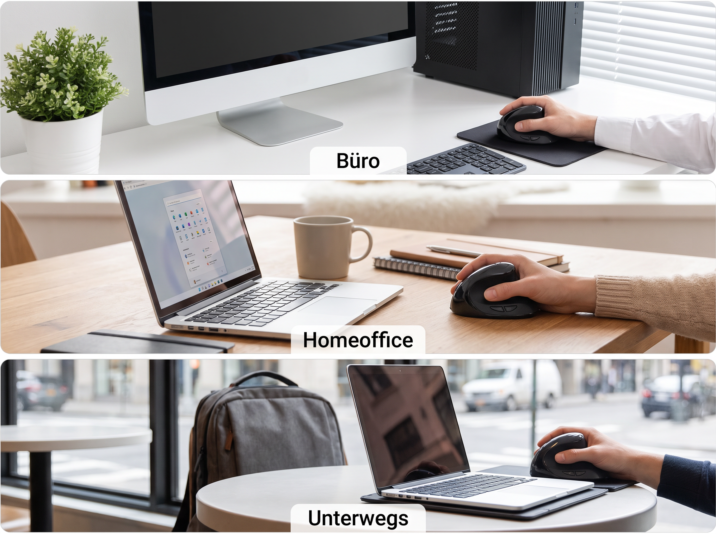 Drei Büro-Szenerien zeigen eine Person, die eine vertikale ergonomische Maus benutzt.