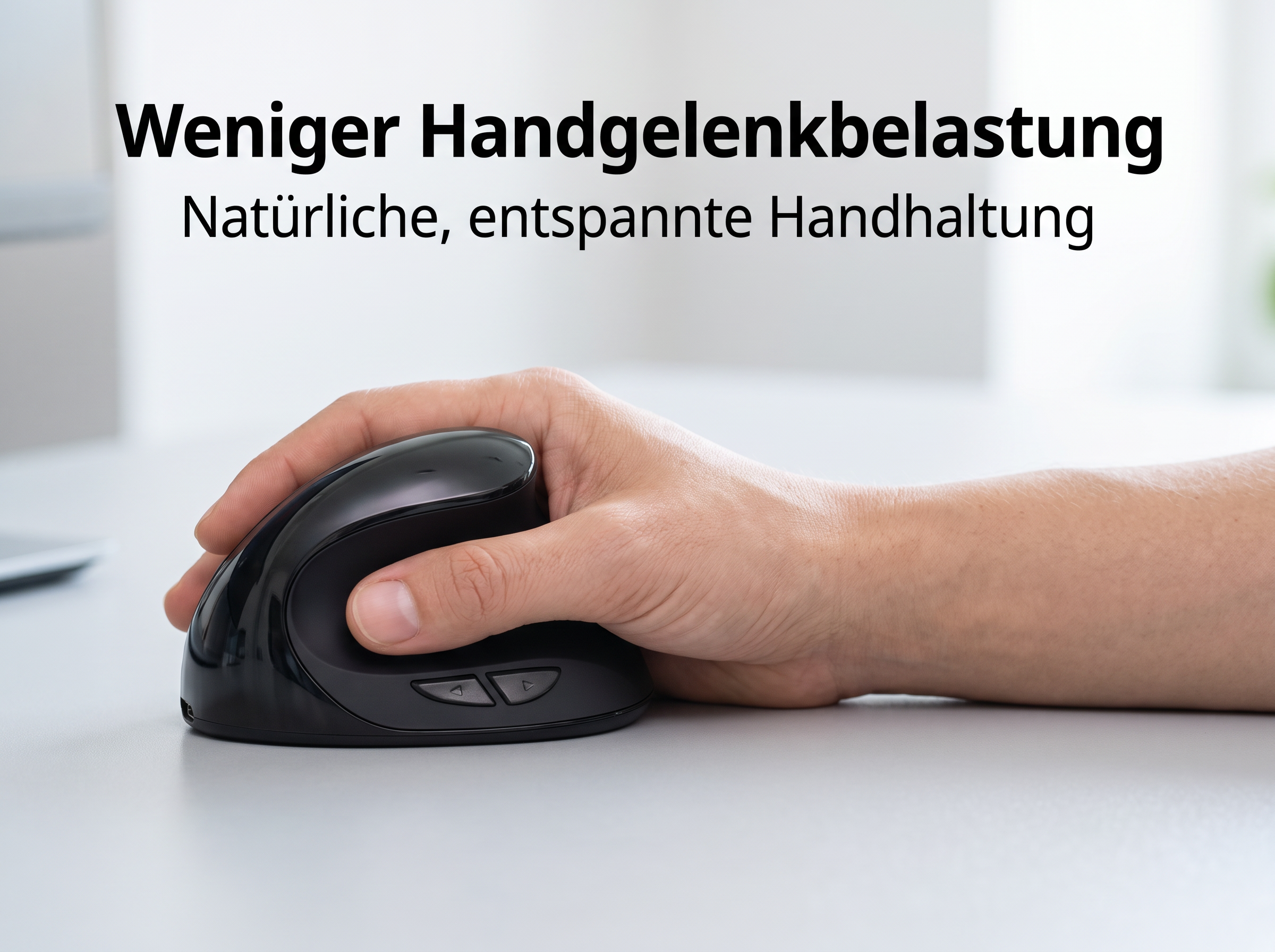 Hand bedient eine ergonomische schwarze Computermaus auf einem Tisch.