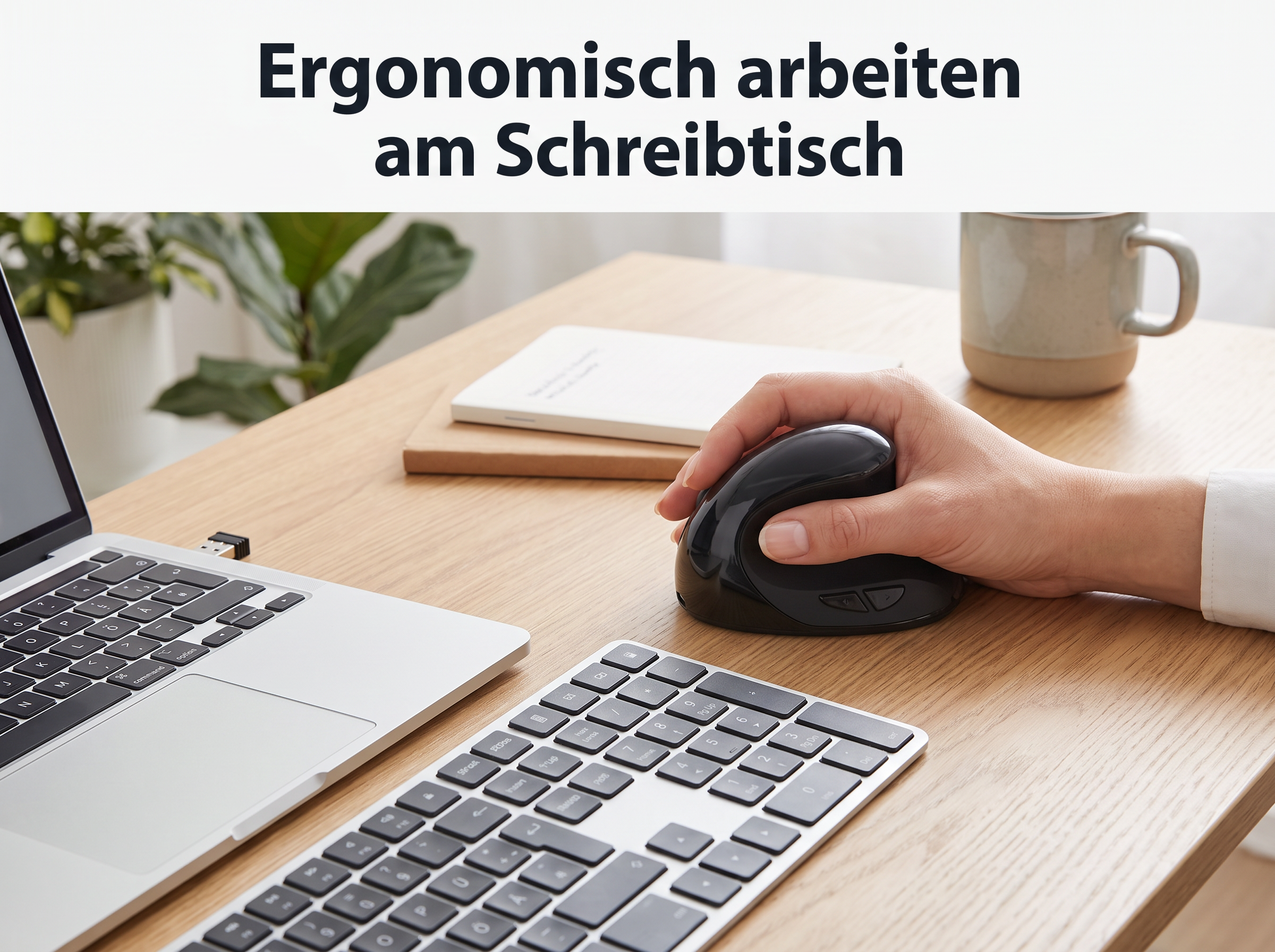 Hand bedient eine schwarze ergonomische Vertikalmaus auf einem Holztisch mit Laptop und Tastatur.