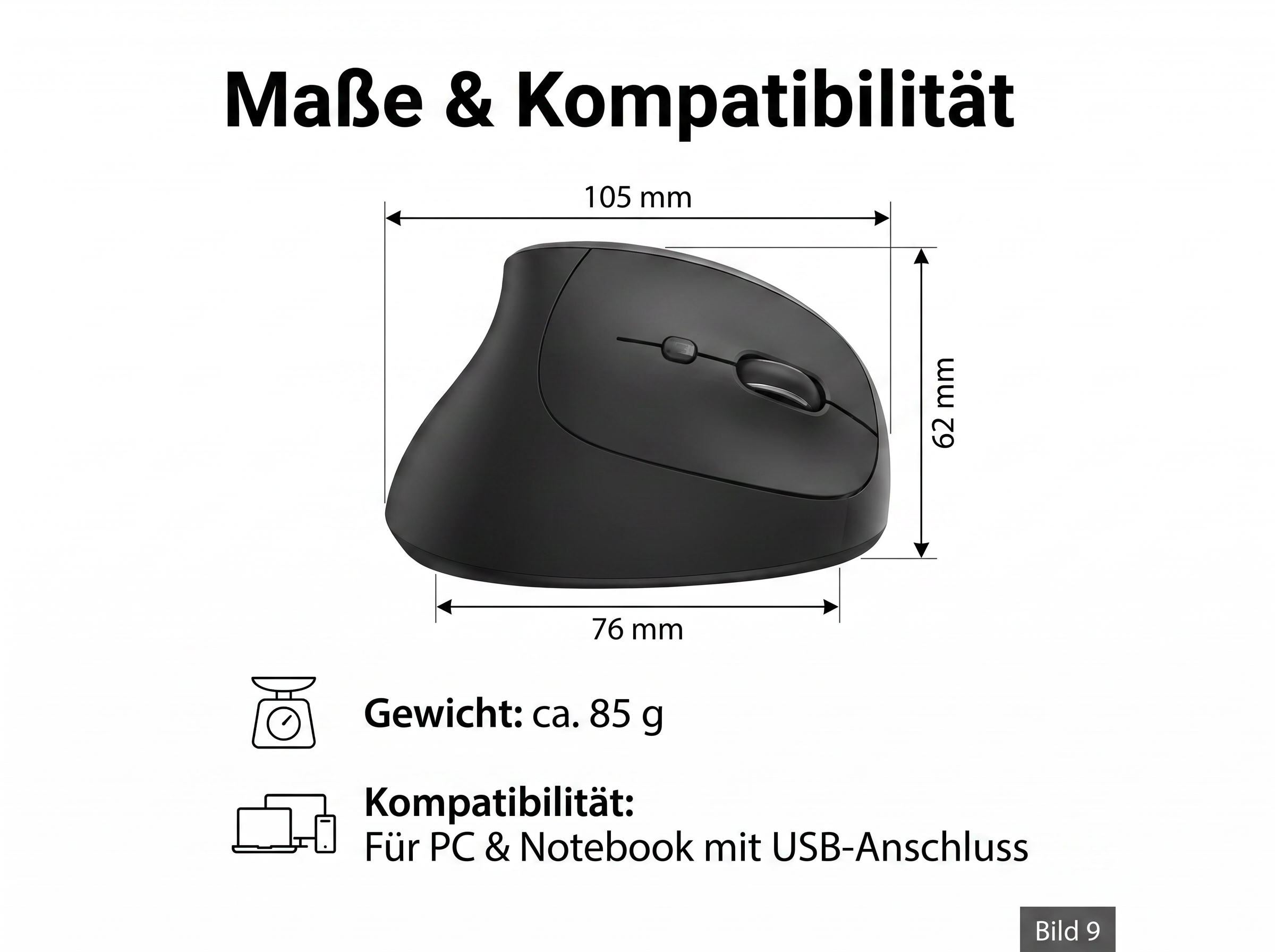 Diagramm zeigt Maße (105x62x76mm) und Gewicht (ca. 85g) einer ergonomischen schwarzen Computermaus.