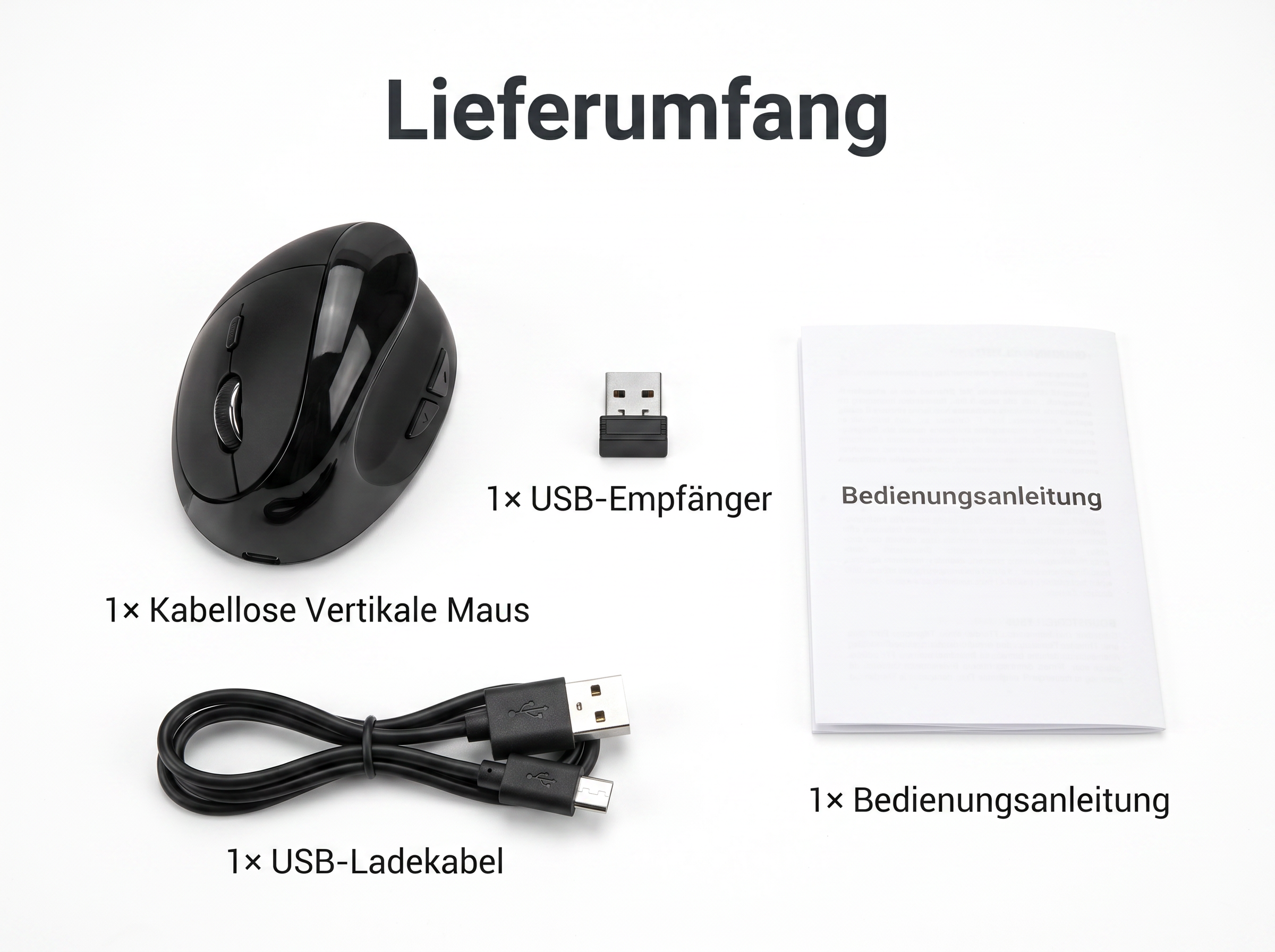 Lieferumfang: 1 Vertikalmaus, 1 USB-Empfänger, 1 Ladekabel, 1 Anleitung.