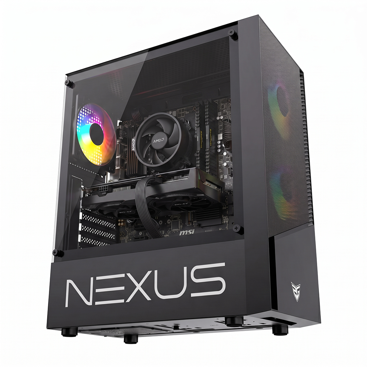 Un tower per PC da gaming Nexus nero con pannello laterale in vetro, componenti interni e illuminazione RGB.