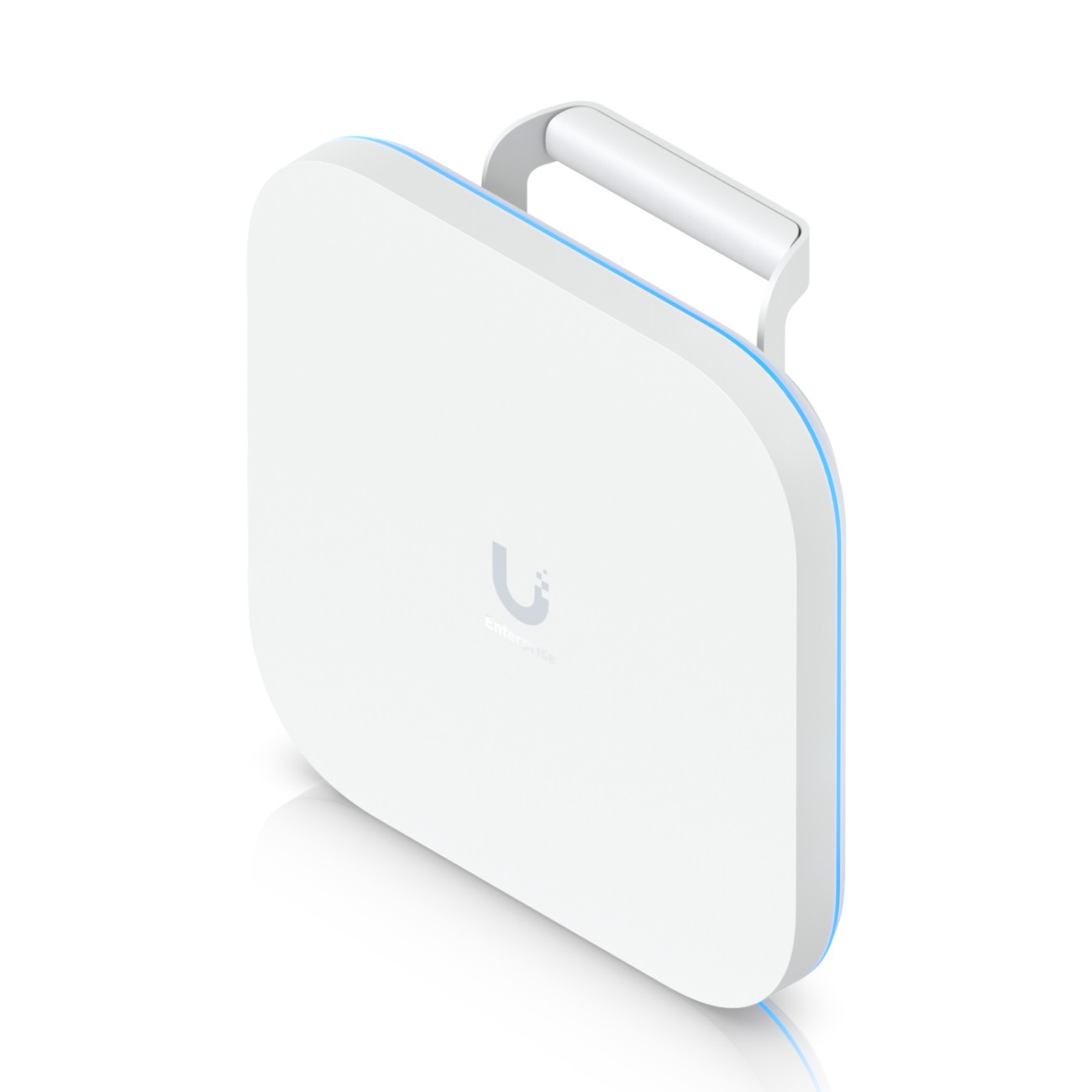 Un dispositivo elettronico quadrato bianco con maniglia superiore e anello luminoso blu su sfondo bianco.