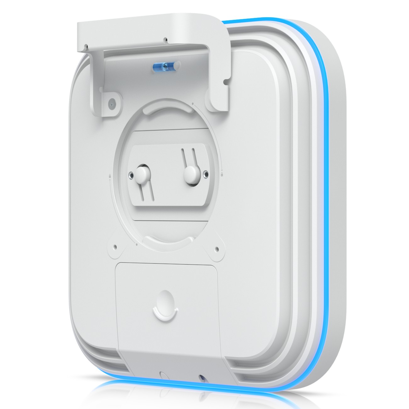 Vista posteriore di un dispositivo bianco quadrato con staffa da parete e illuminazione a LED blu.
