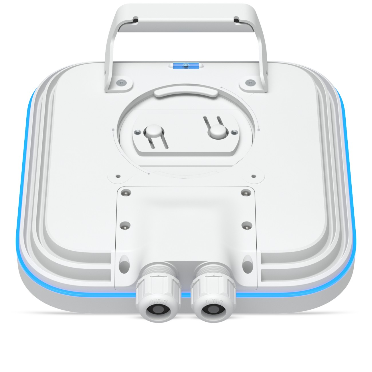 Dispositivo di rete bianco quadrato con una striscia LED blu e due pressacavi in basso.