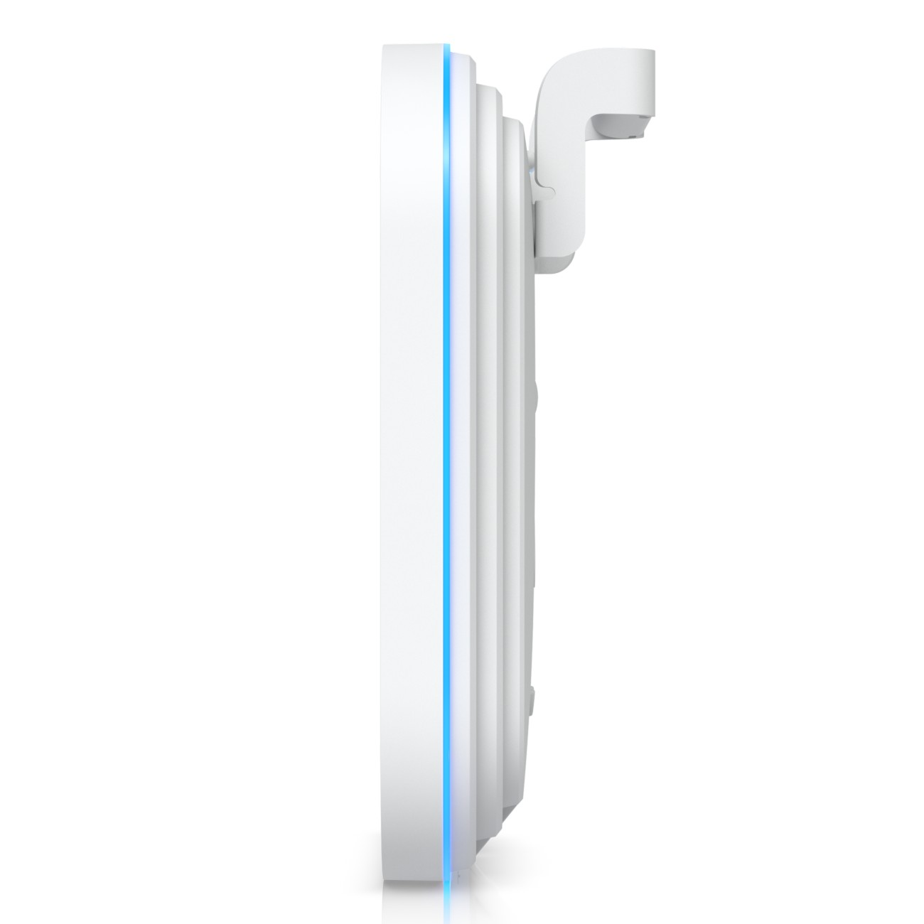Vista laterale di un dispositivo bianco con striscia LED blu e staffa di montaggio.