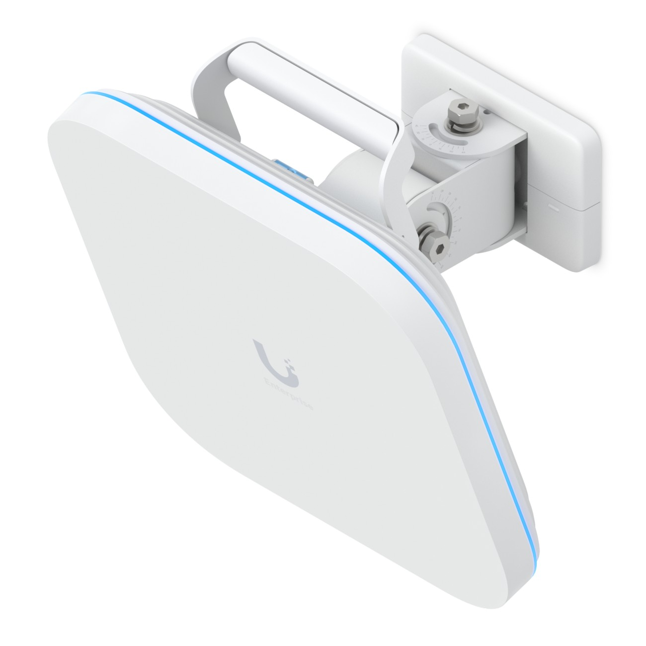 Un dispositivo antenna bianco e quadrato con una striscia LED blu è montato su una staffa a parete.