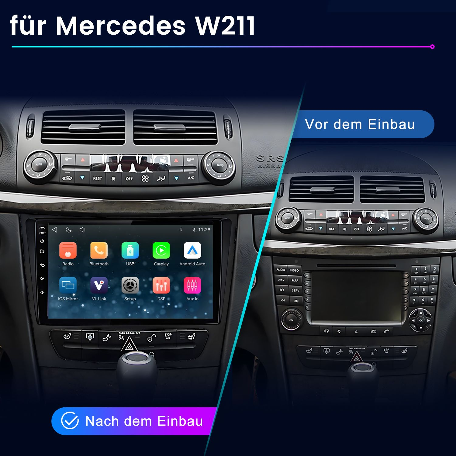 Vergleich der Mercedes W211 Mittelkonsole vor und nach dem Einbau eines neuen Navigationssystems.