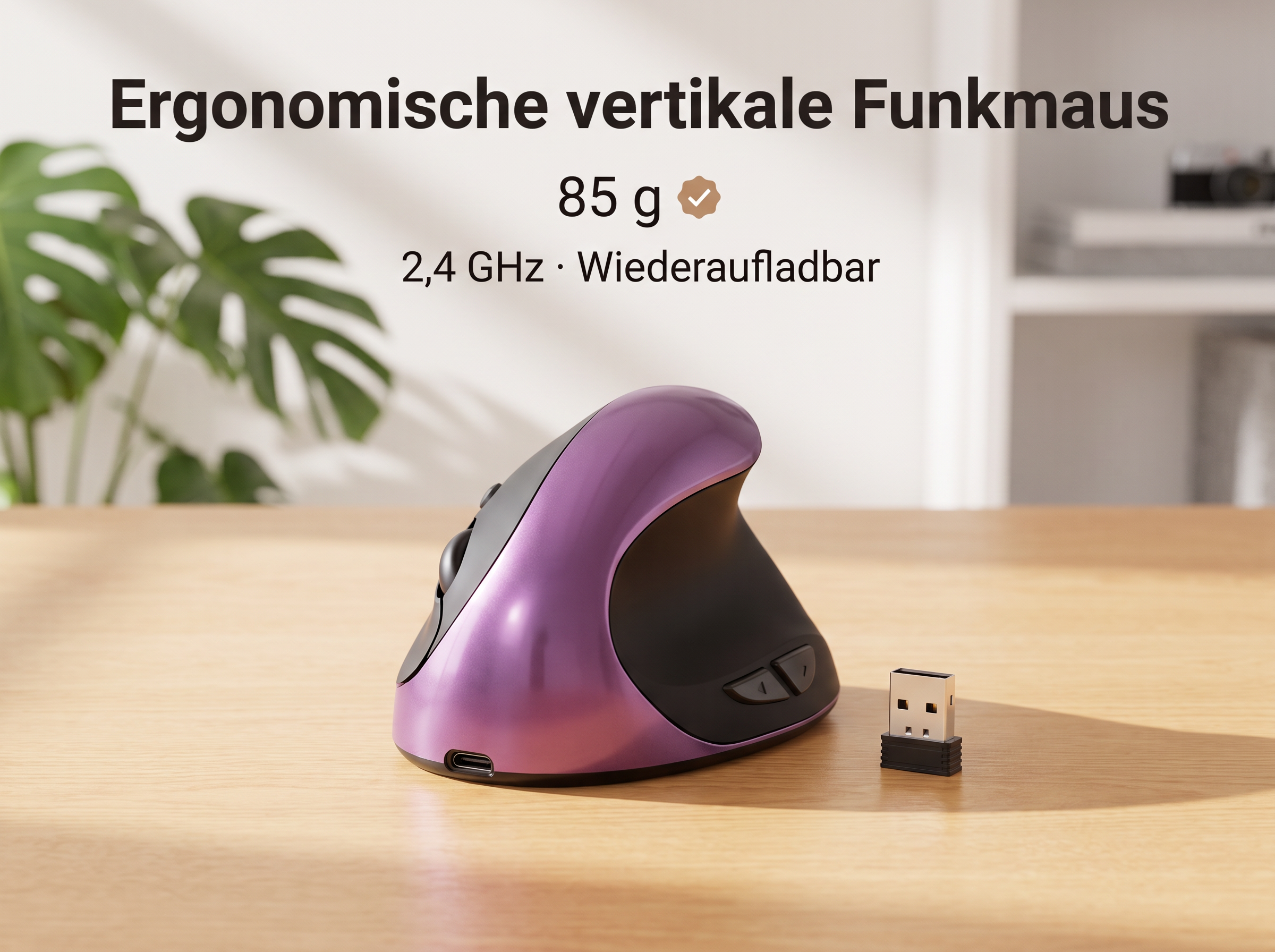 Lila-schwarze vertikale ergonomische Funkmaus mit USB-Empfänger auf einem Holztisch.