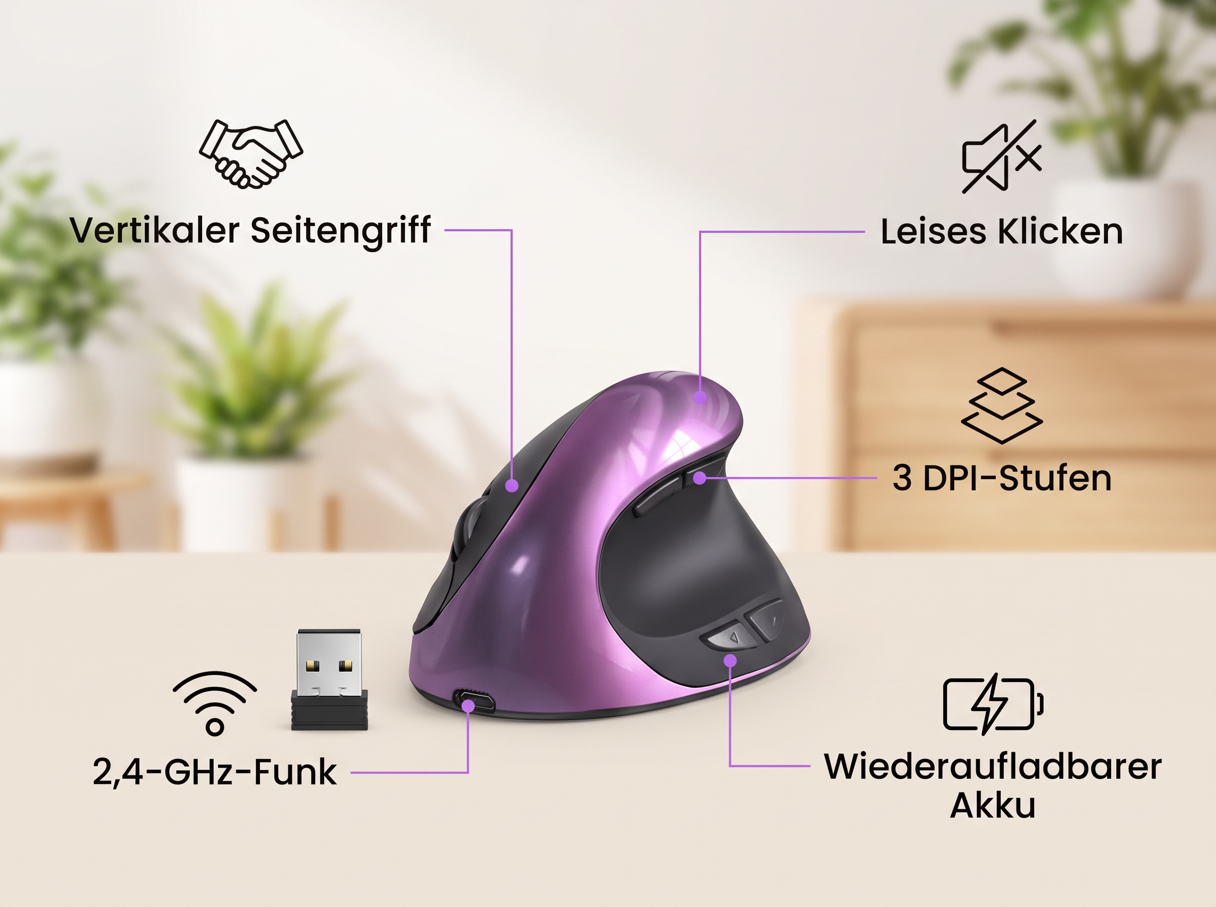 Violette vertikale Funkmaus auf hellem Tisch mit Produktmerkmalen.