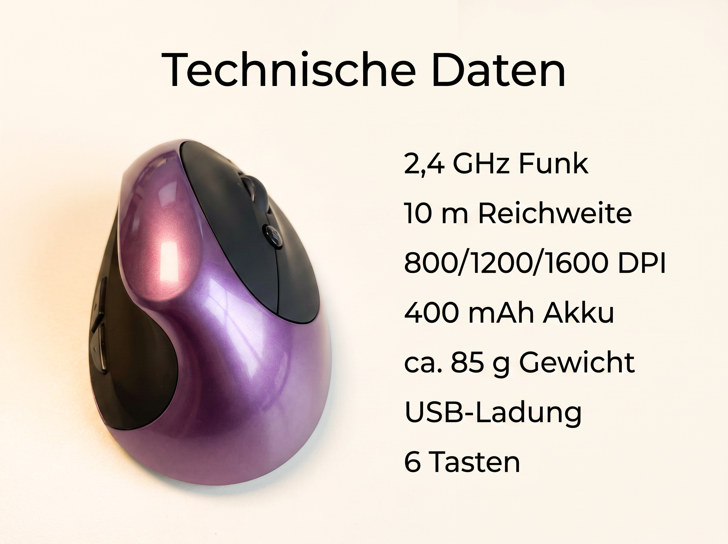 Glänzende, violette ergonomische Computermaus mit Text zu technischen Daten auf hellem Hintergrund.