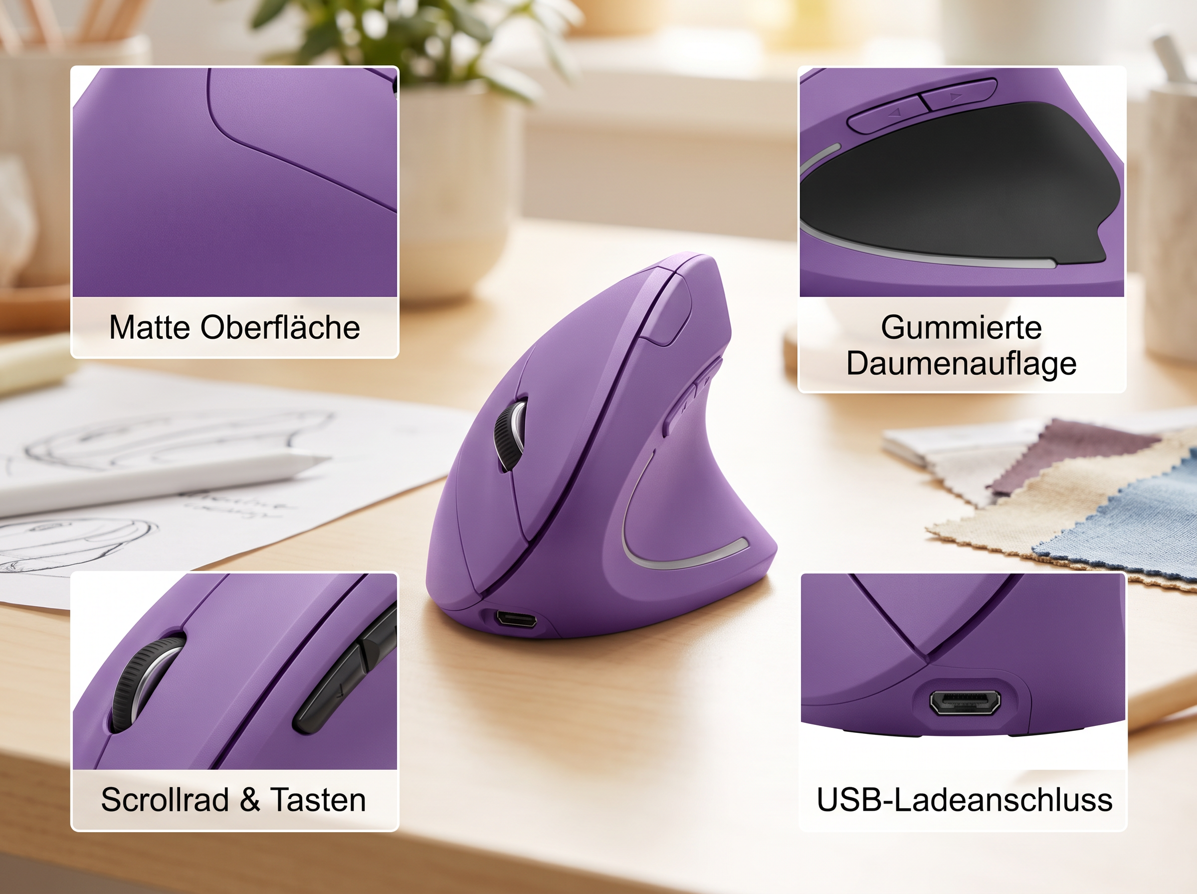 Violette vertikale ergonomische Maus mit Detailansichten von Matte Oberfläche, Daumenauflage, Scrollrad und Ladeanschluss.