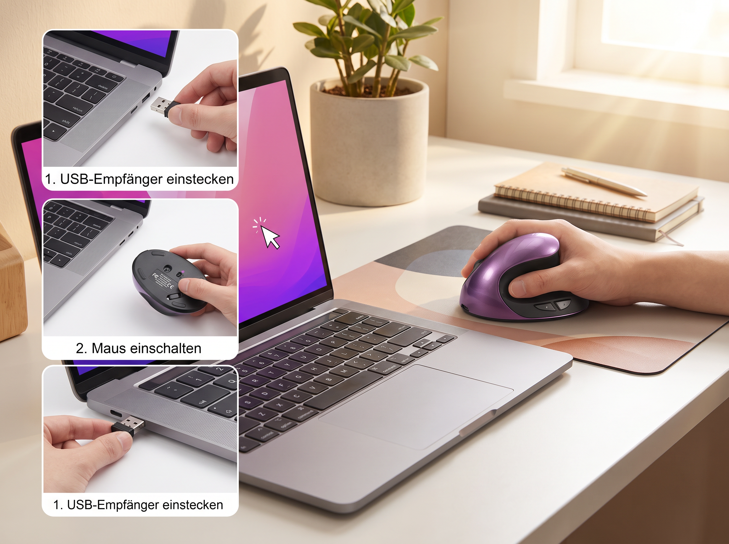 Eine Hand bedient eine lila vertikale Ergonomiemaus neben einem Laptop, mit drei kleineren Anleitungsbildern links.