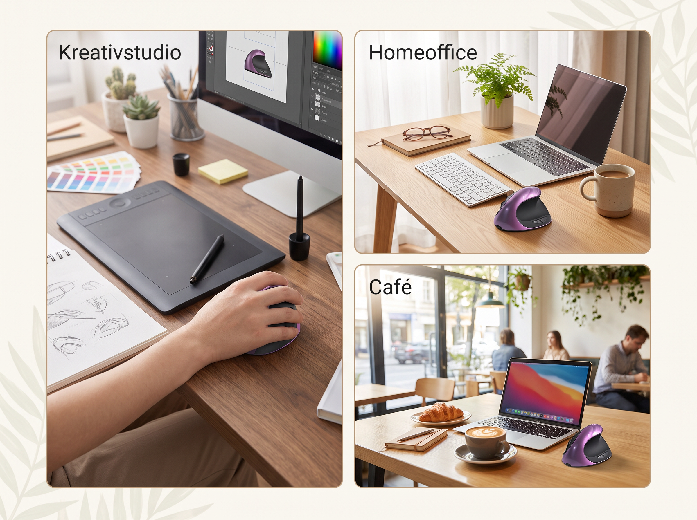 Eine purple farbene vertikale Maus in drei verschiedenen Arbeitsumgebungen: Kreativstudio, Homeoffice und Café.