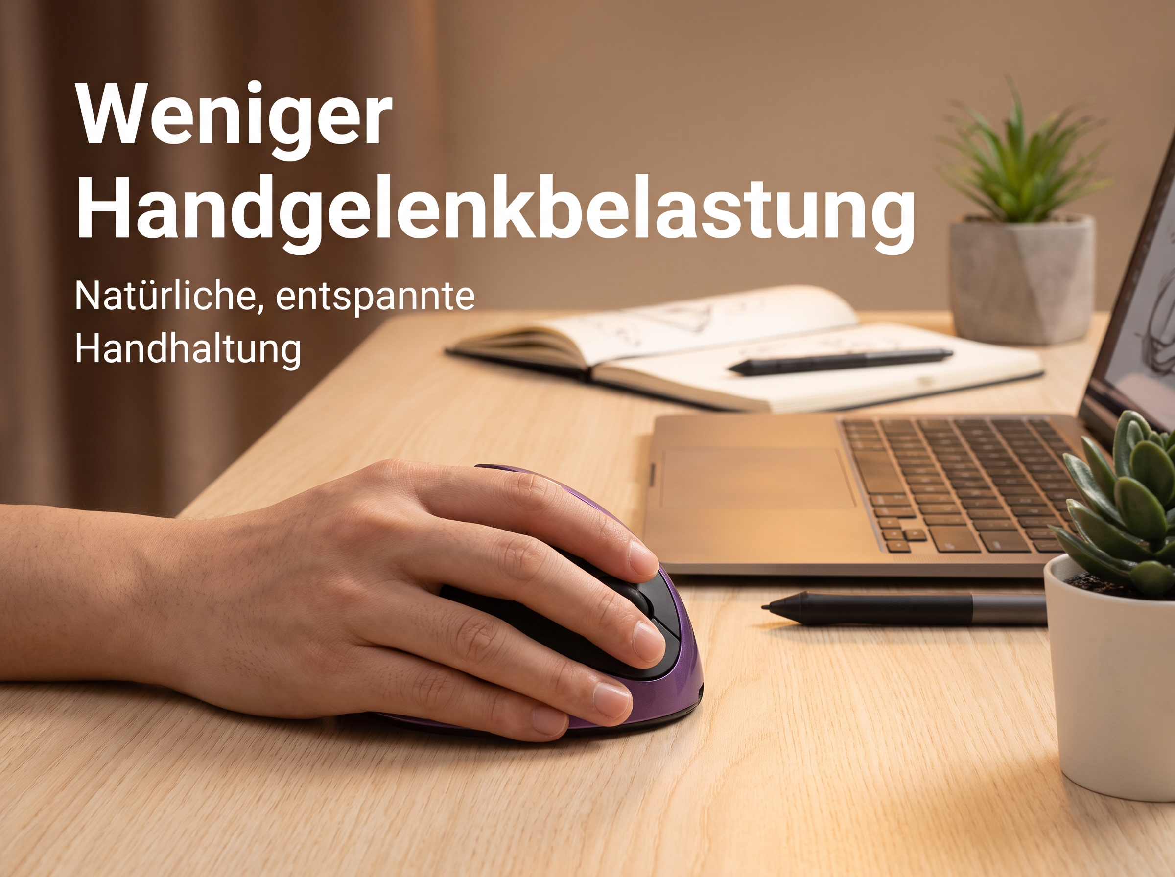 Hand bedient eine ergonomische violette Computermaus auf einem Holztisch mit Laptop und Pflanzen.