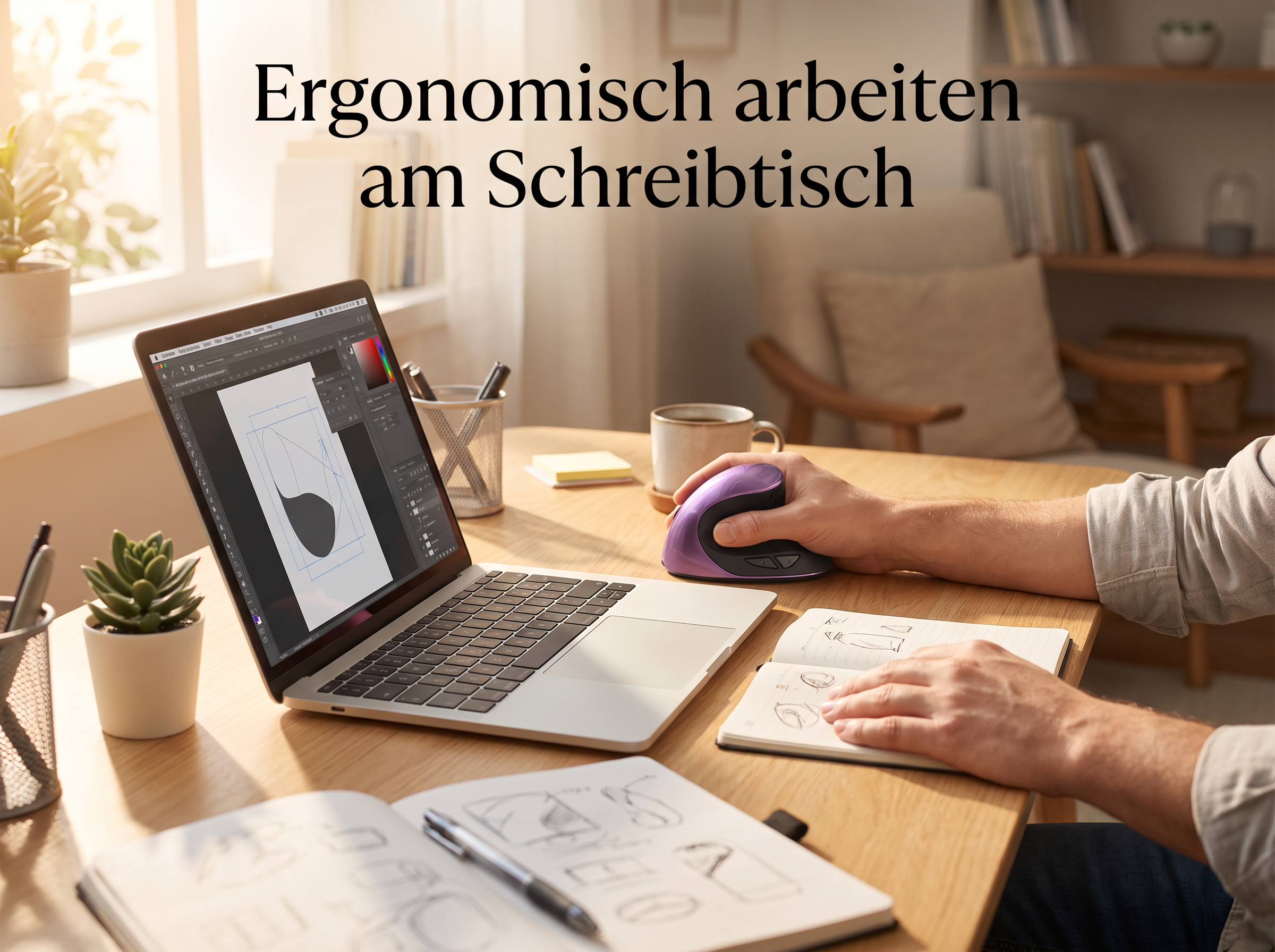 Person arbeitet an einem Schreibtisch mit Laptop, ergonomischer Maus und Notizbuch.