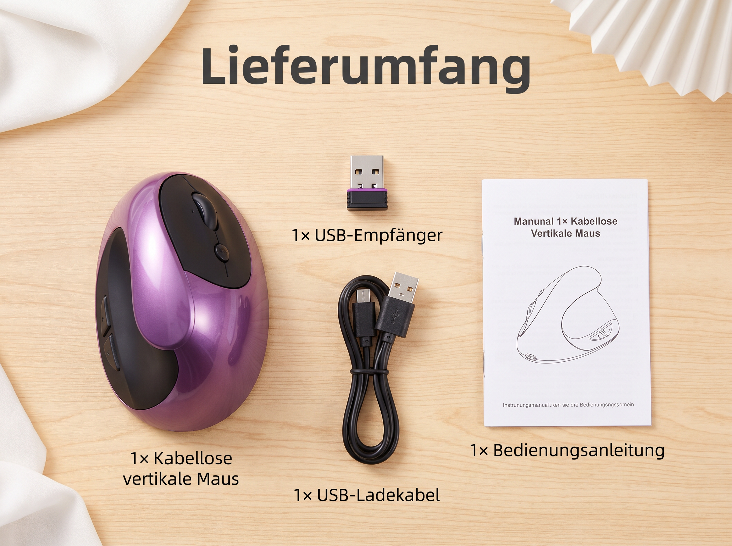 Paketinhalt mit einer violetten vertikalen Maus, USB-Empfänger, Ladekabel und Bedienungsanleitung.
