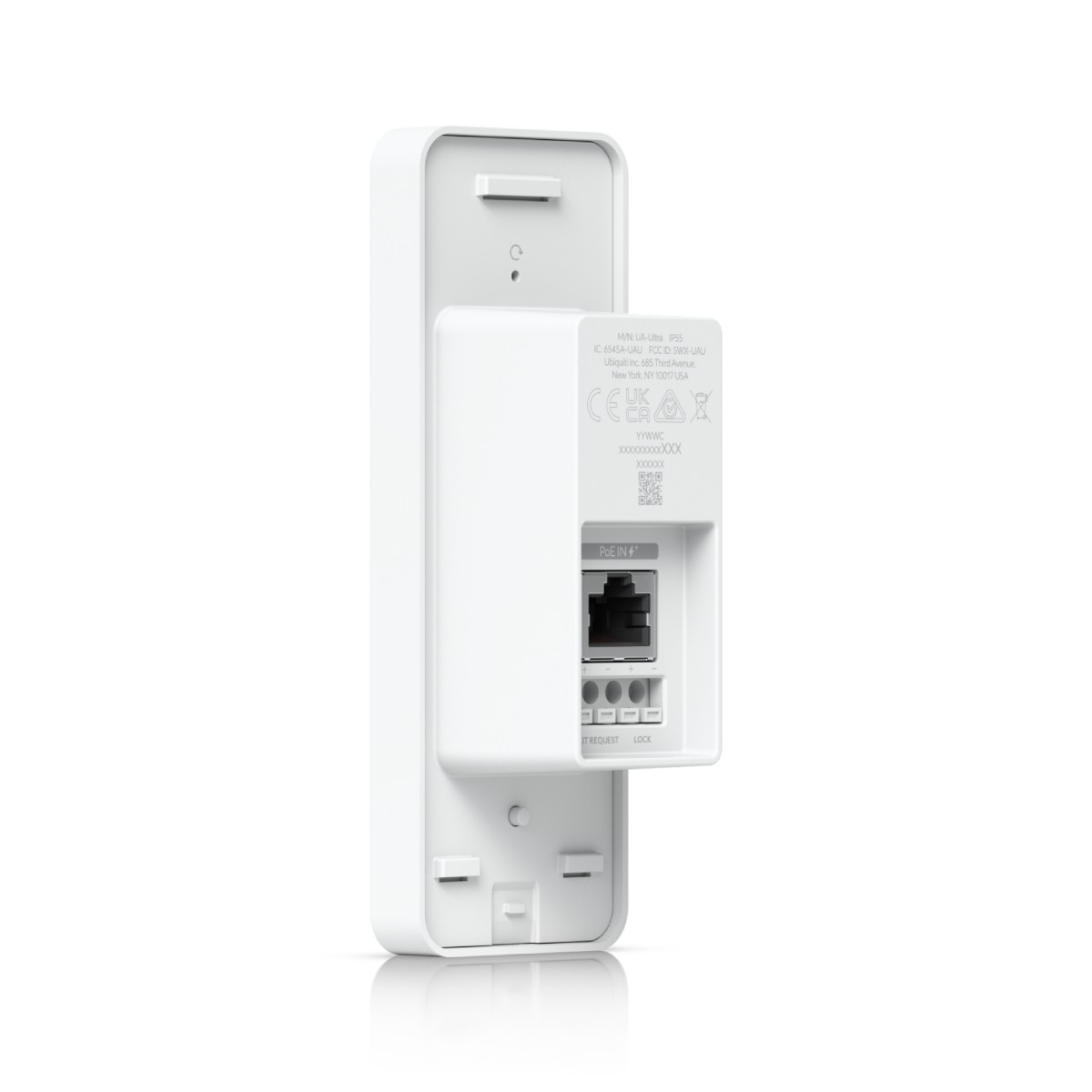 Widok z tyłu białego urządzenia elektronicznego z portem Ethernet, zaciskami śrubowymi i tekstem.