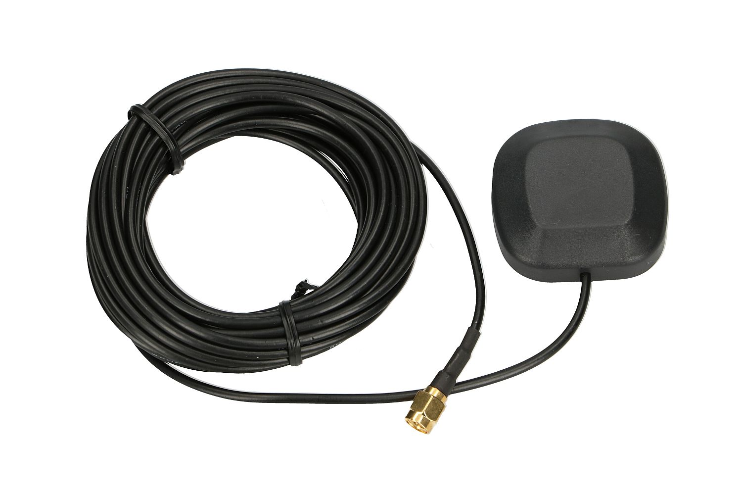 Czarna antena GPS z długim, zwiniętym kablem i złotym złączem.