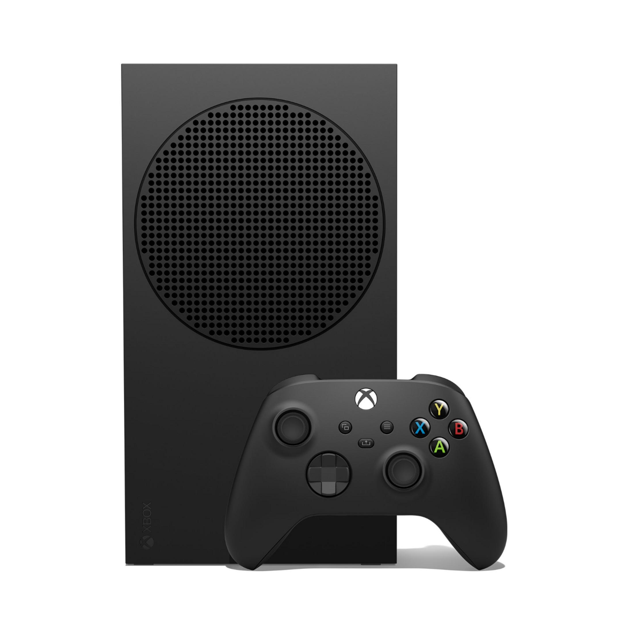 Schwarze Xbox Series S Konsole mit passendem schwarzen Controller auf weißem Hintergrund.
