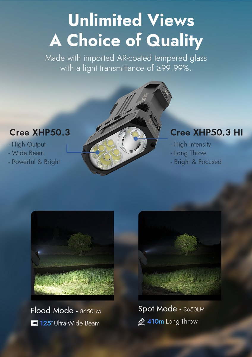 Taschenlampe mit Cree LEDs, mit Flut- und Punktlichtmodi gegen Bergkulisse.