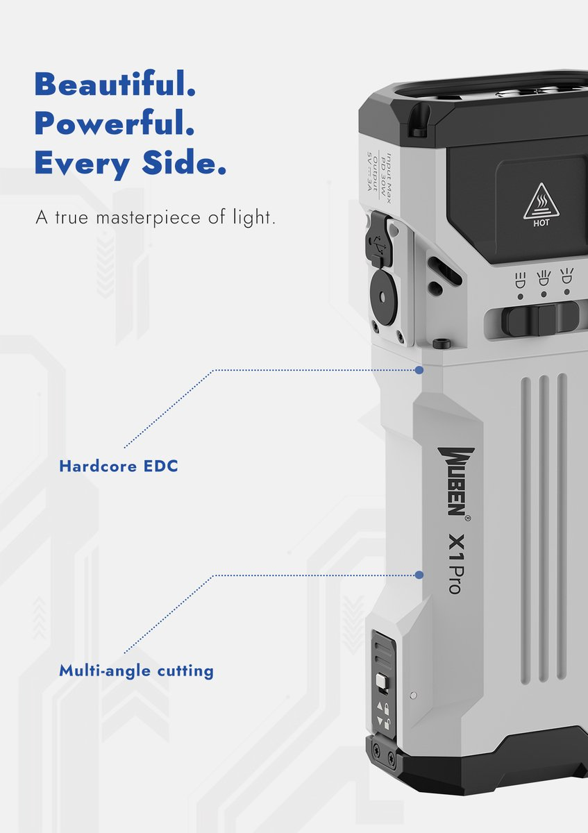 Werbebild für die Wuben X1 Pro Taschenlampe mit Text über Design und technische Details.