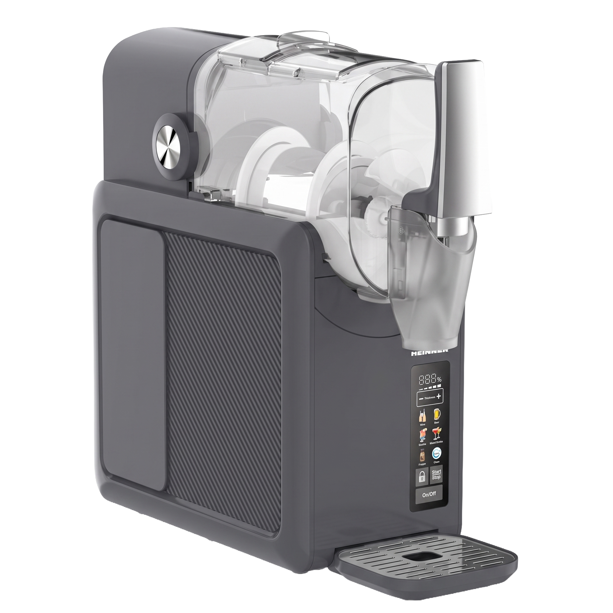 Machine à granité grise avec réservoir transparent et panneau tactile numérique sur fond blanc.