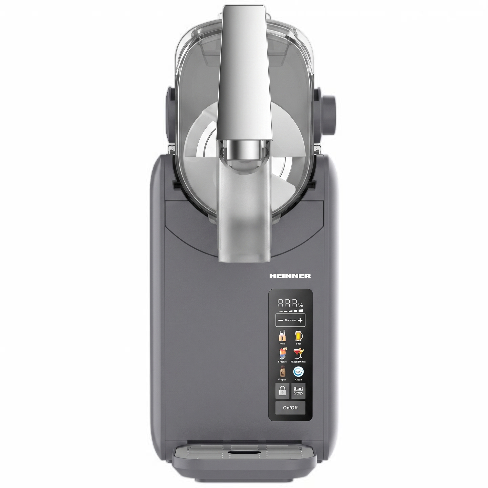 Vue de face d'une machine à boissons et granités grise Heinner avec écran tactile et réservoir transparent.