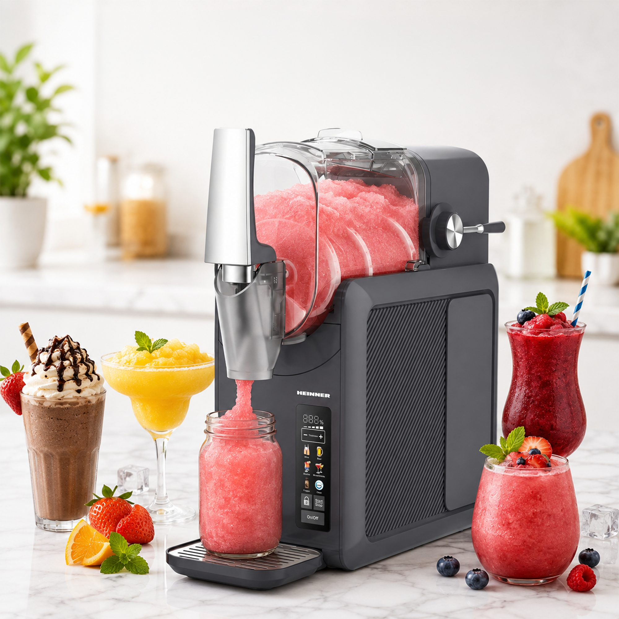 Une machine à granita grise verse du liquide rouge dans un verre, entourée de boissons colorées.