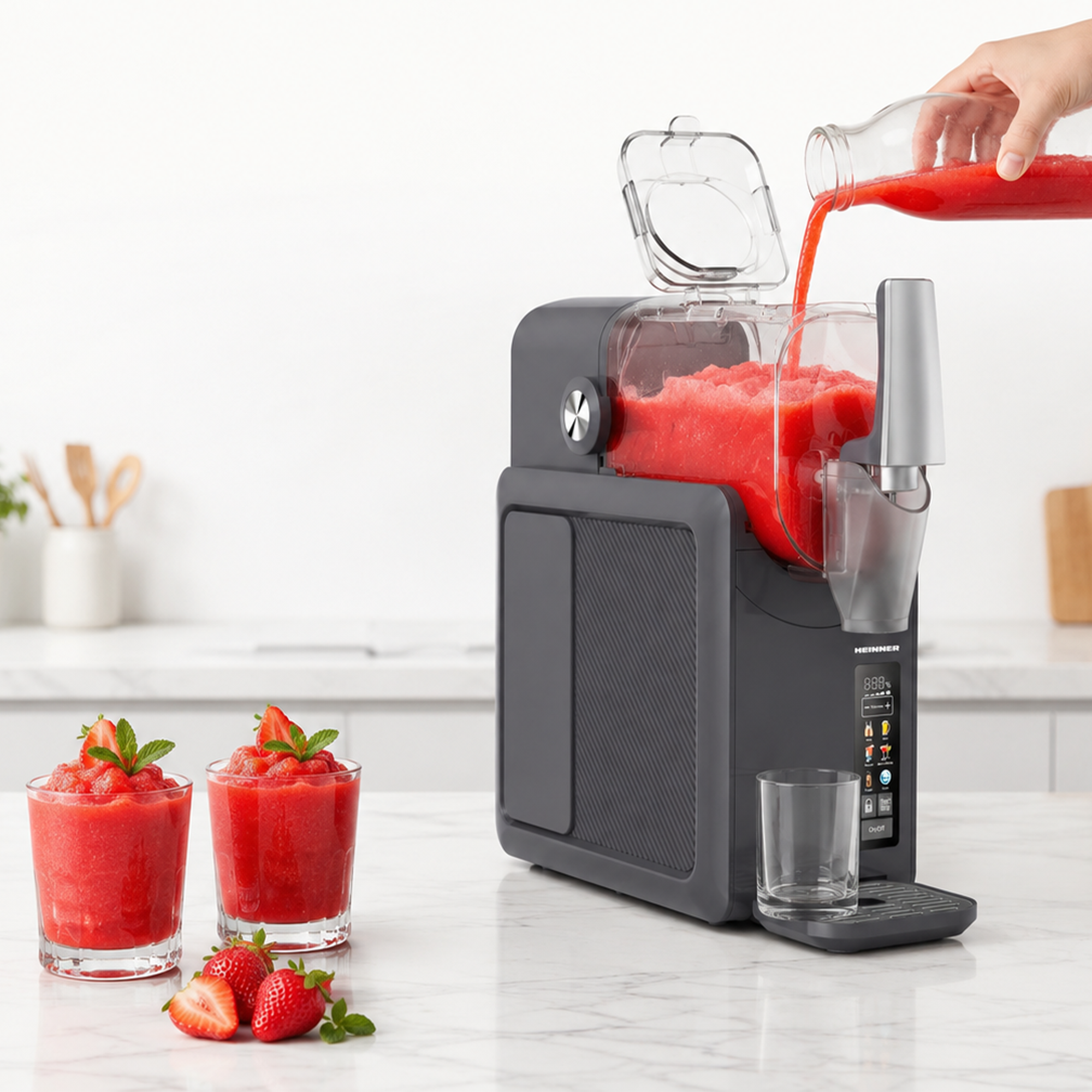 Une machine à granité noire sur un comptoir en marbre est remplie, avec deux verres de granité rouge et des fraises fraîches.