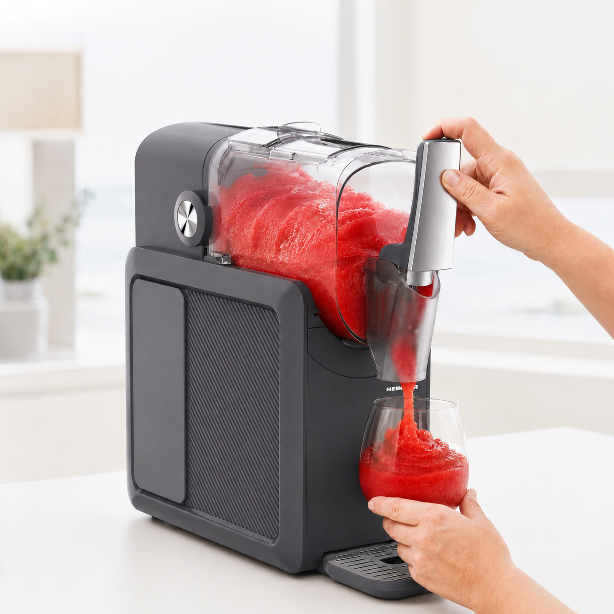 Une main actionne une machine à granité noire qui verse du granité rouge dans un verre sur une table.