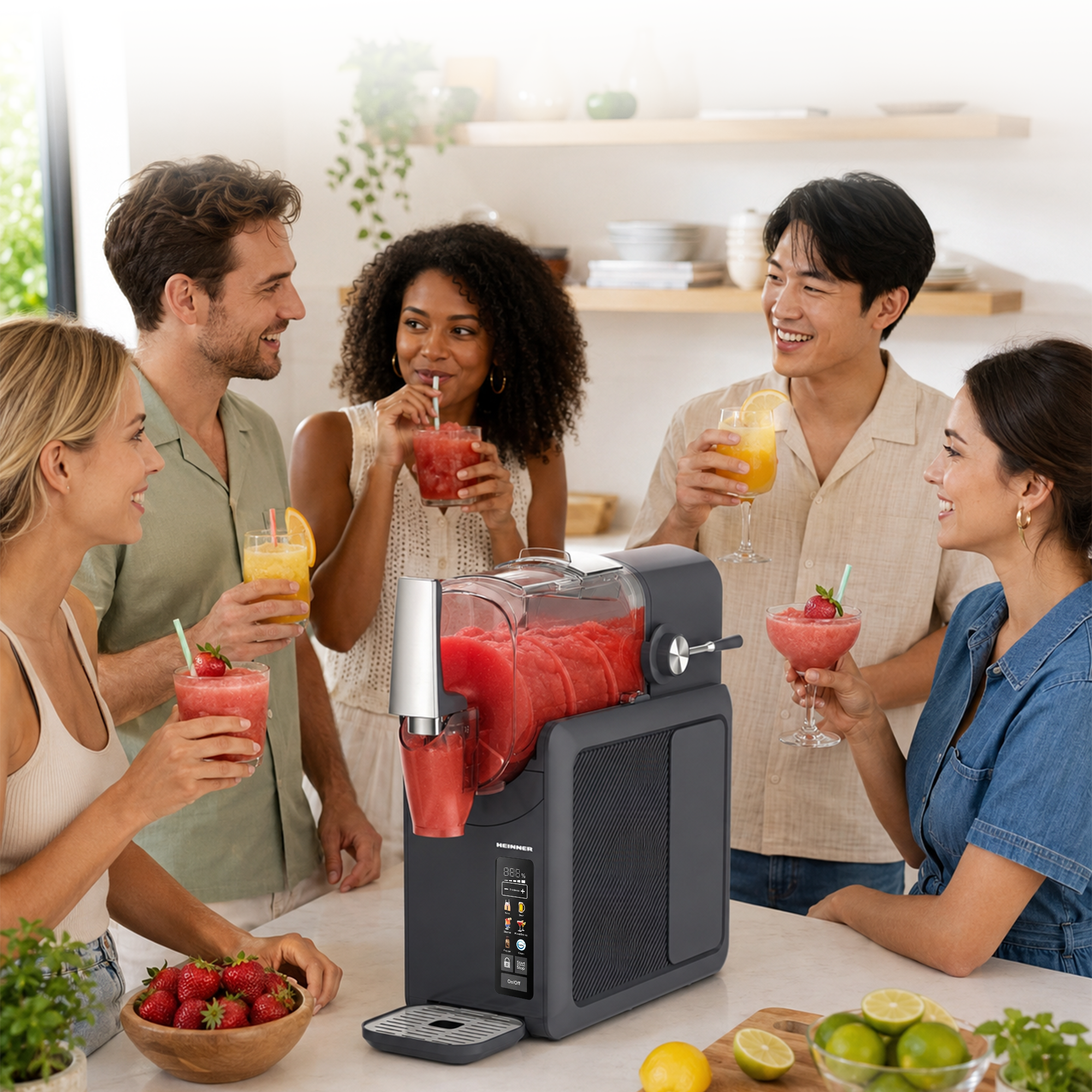 Cinq amis souriants dans une cuisine tiennent des verres de smoothie colorés près d'une machine à granités.