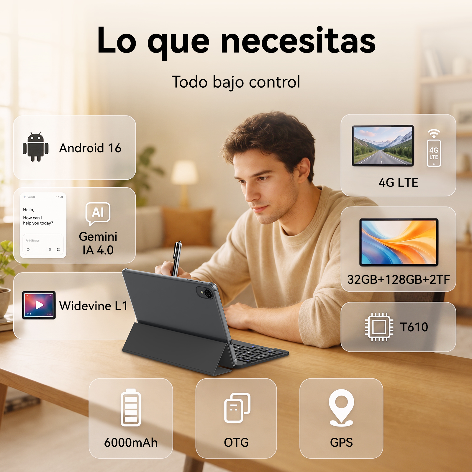 Un joven usa una tableta en una mesa de madera, rodeado de iconos con especificaciones técnicas.
