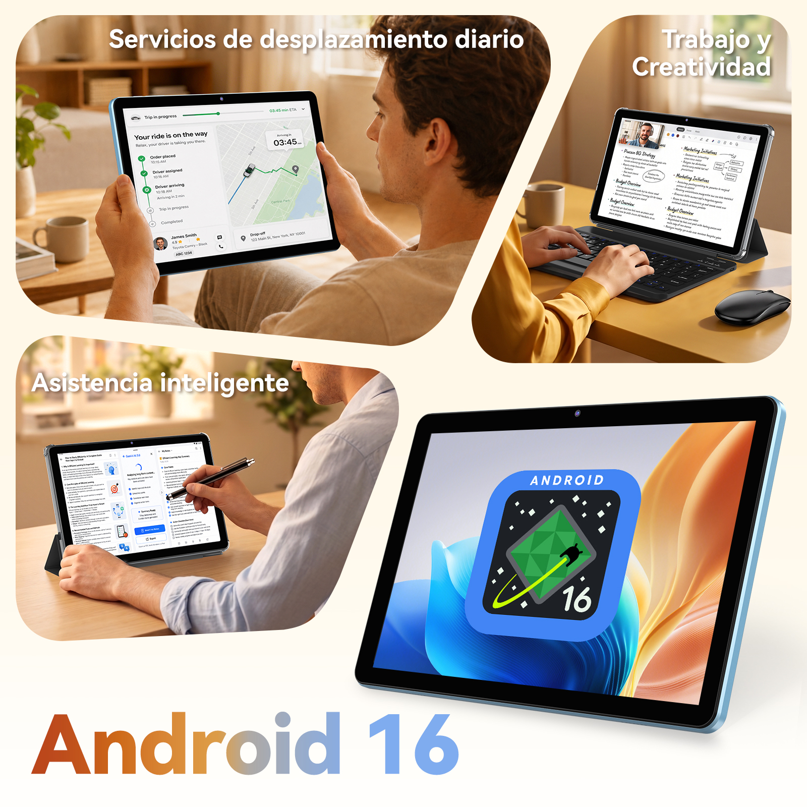 Collage que muestra a personas usando una tablet Android 16 para navegación, trabajo, notas y el sistema.