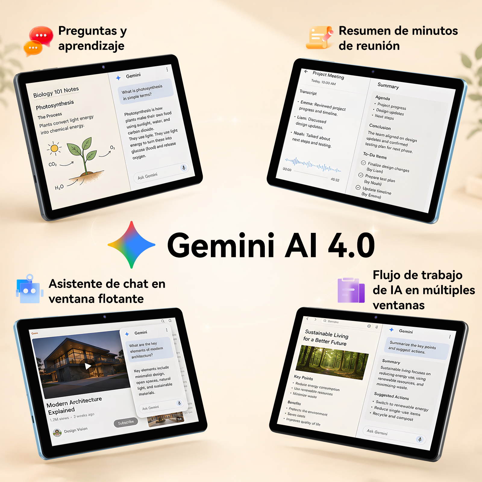 Cuatro tabletas muestran funciones de Gemini AI como chatbot, notas de estudio, resúmenes de reuniones y multitarea.