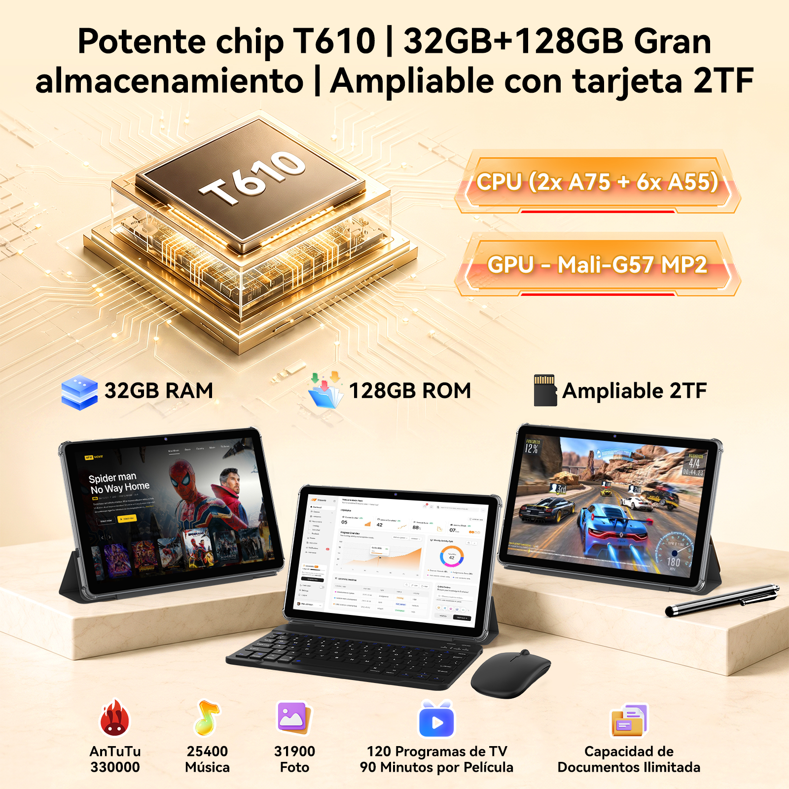 Especificaciones técnicas de CPU T610, 32GB RAM, 128GB ROM y tres tabletas con accesorios sobre fondo dorado.