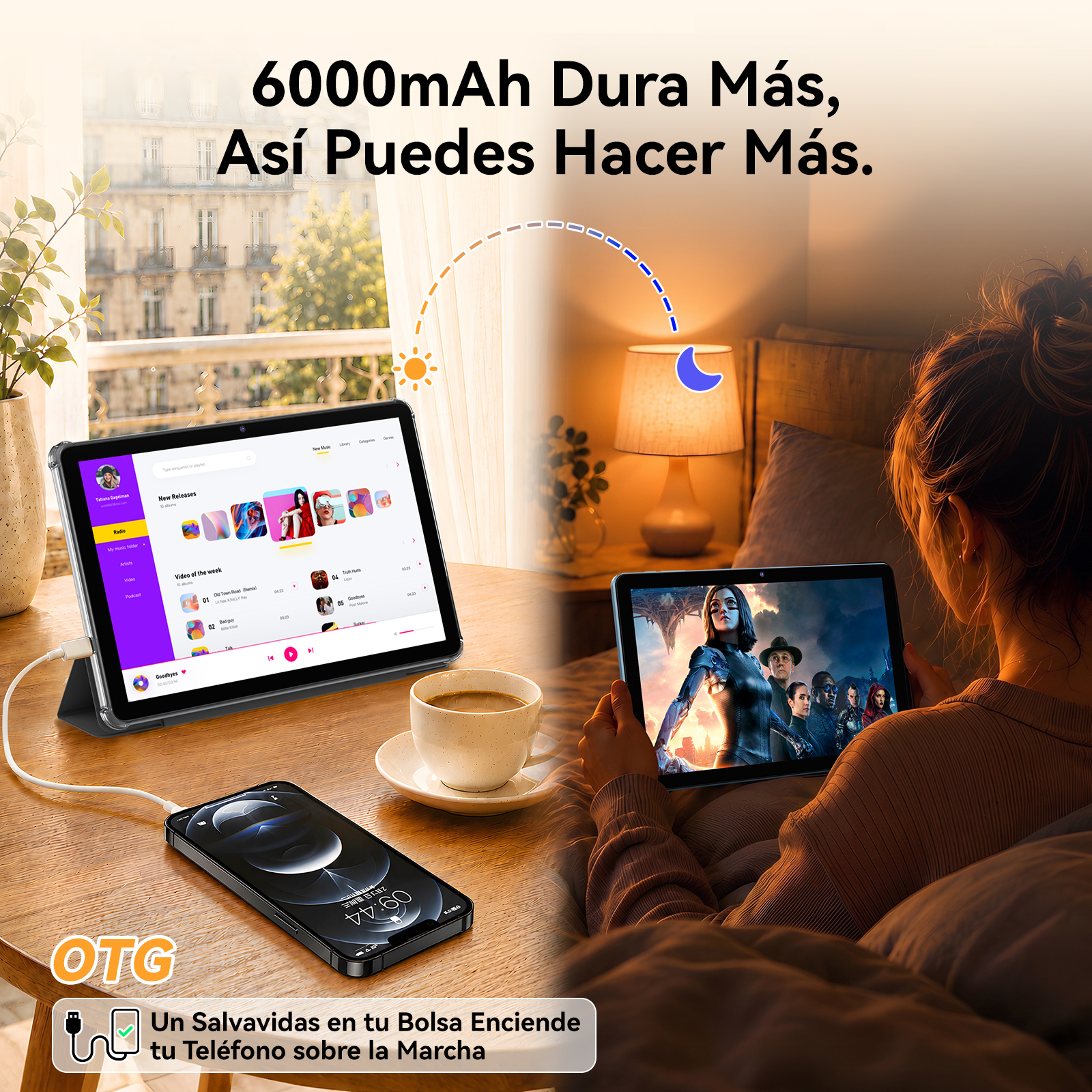 Una tablet en una mesa reproduce música de día, mientras una mujer usa otra en la cama de noche.