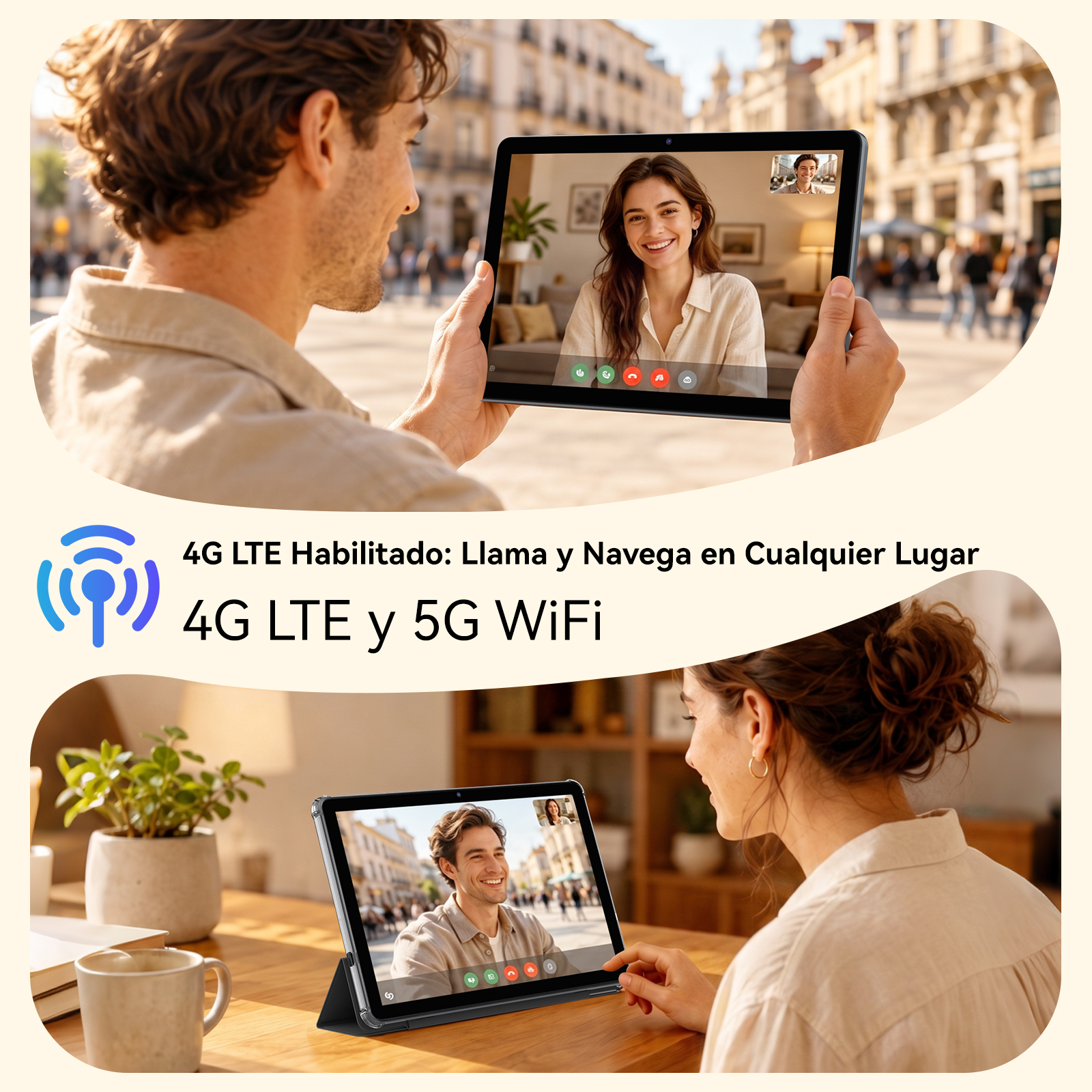 Un hombre y una mujer usan tabletas para videollamadas con capacidad 4G LTE y 5G WiFi.