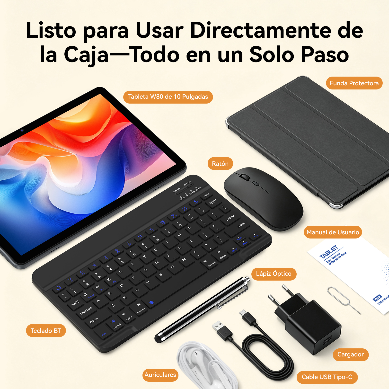 Un set de tablet que incluye tablet W80, teclado negro, ratón, funda, lápiz óptico, cargador, cable, auriculares y manual.