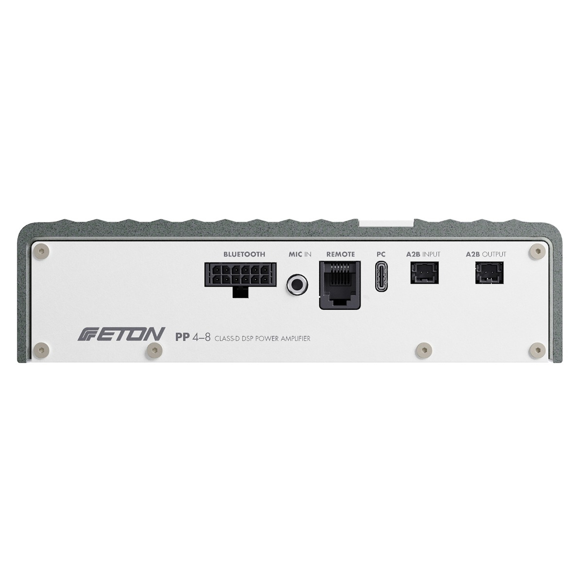 Rückseite eines MATCH PP 4-8 Class-D DSP-Verstärkers mit verschiedenen Anschlüssen und dem Logo.